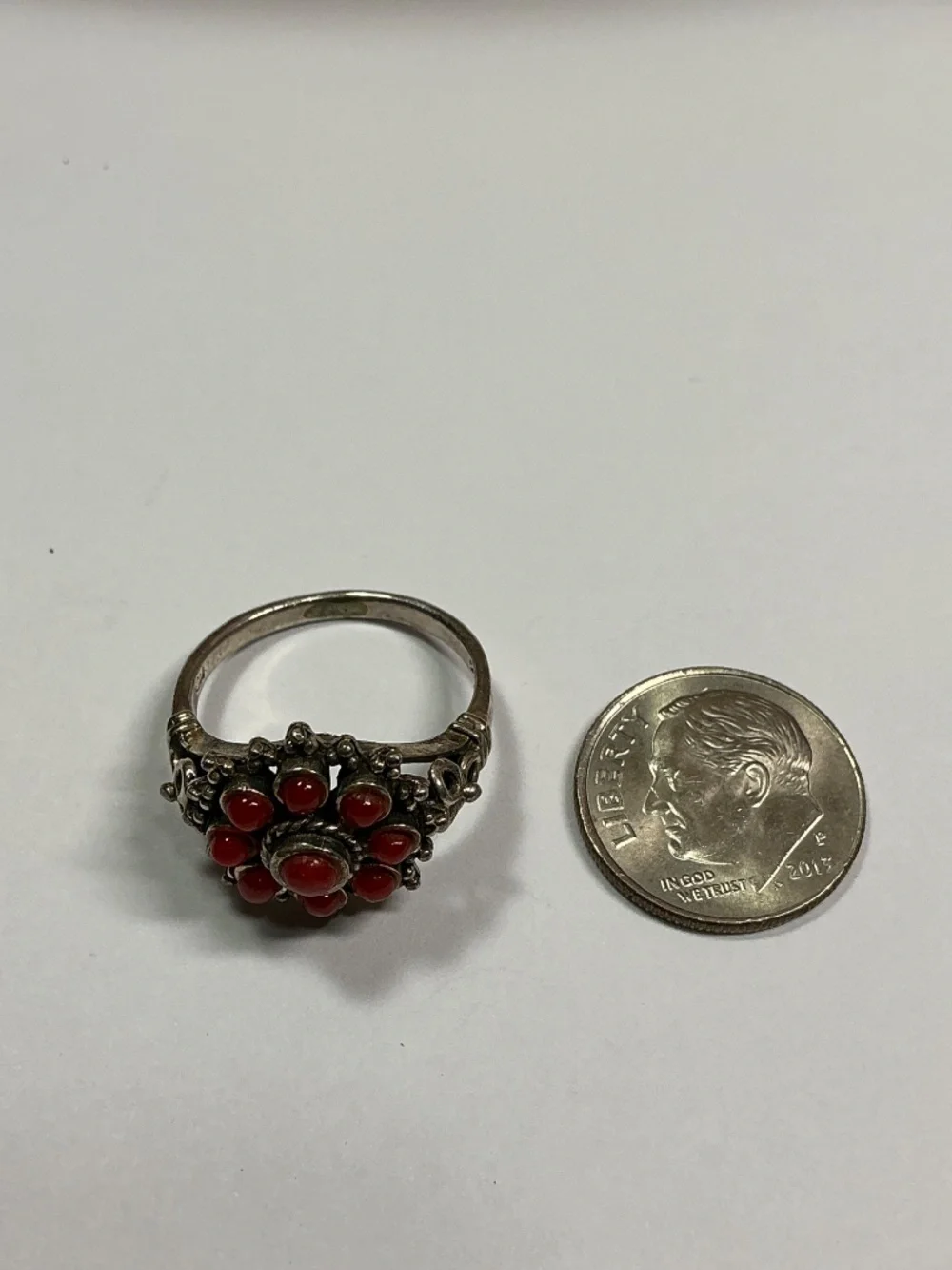 Sterling Silver Red Coral Cluster Ring. Size 6.5